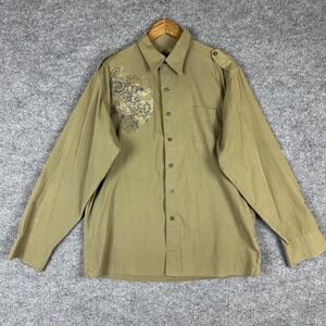 Elixir Shirt Mens XL Green Skull Graphic Long Sleeve Button Up Epaulet Casual